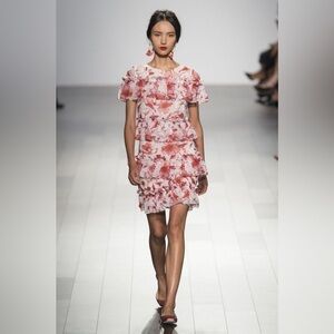 Badgley Mischka Runway Pink Red Floral Ruffle Mini Dress | size 16 XL | Dainty